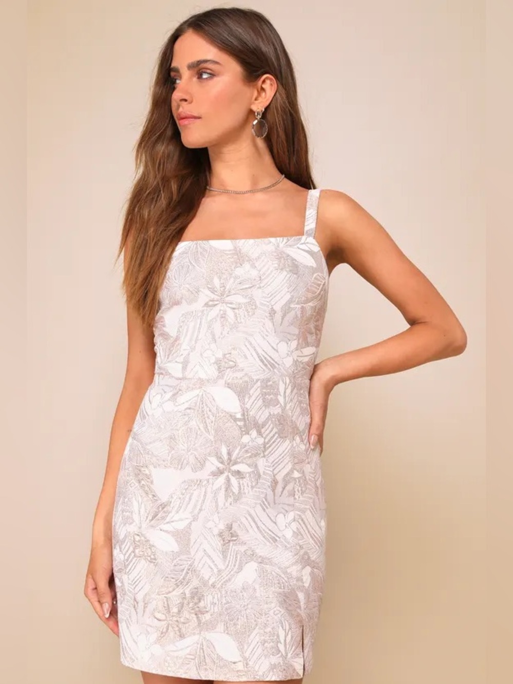 Shine For Us Rose Gold Metallic Tropical Jacquard Mini Dress